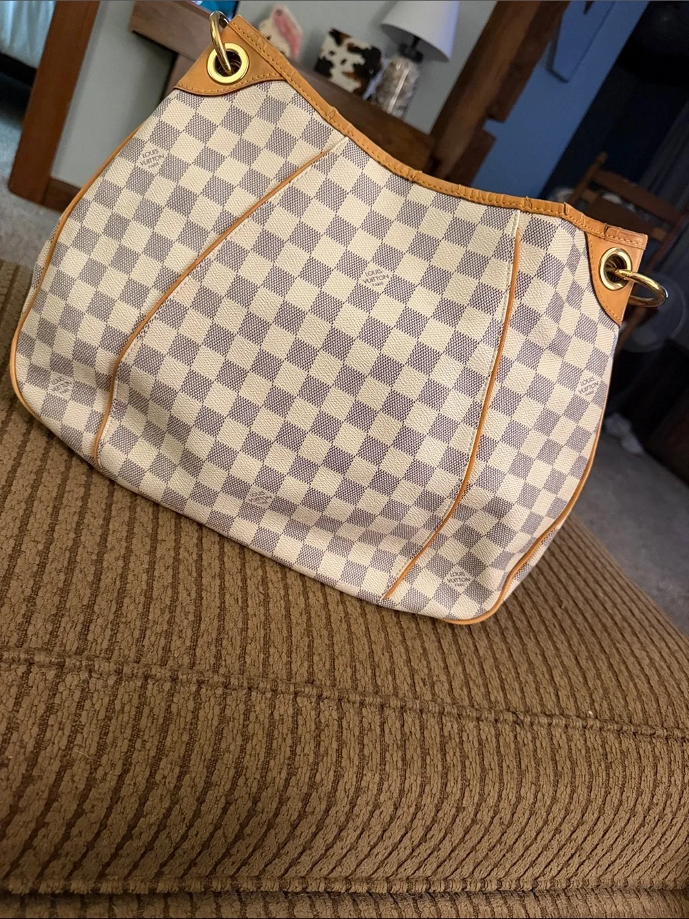 Louis Vuitton Damier Azur Galaria Canvas Shoulder Bag in White and Tan Leather